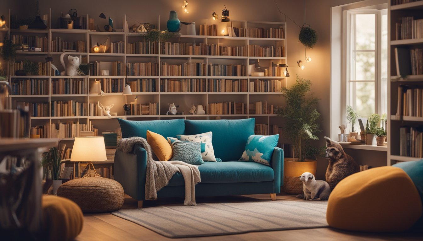 A cozy reading nook with colorful books, comfy cushions, and soft lighting, surrounded by playful illustrations of animals and adventure