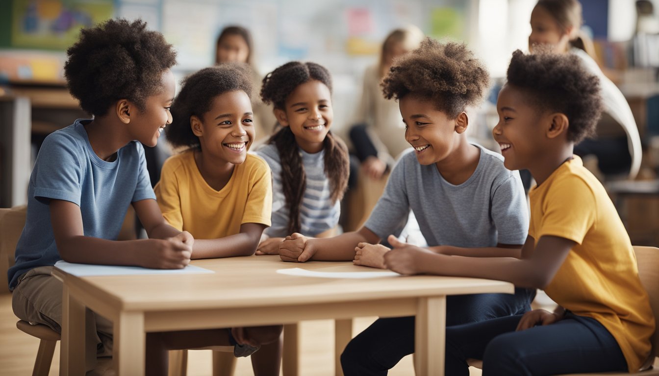 A group of diverse children engage in collaborative activities, receiving constructive feedback and encouragement from adults and peers. The setting is a vibrant, inclusive community space