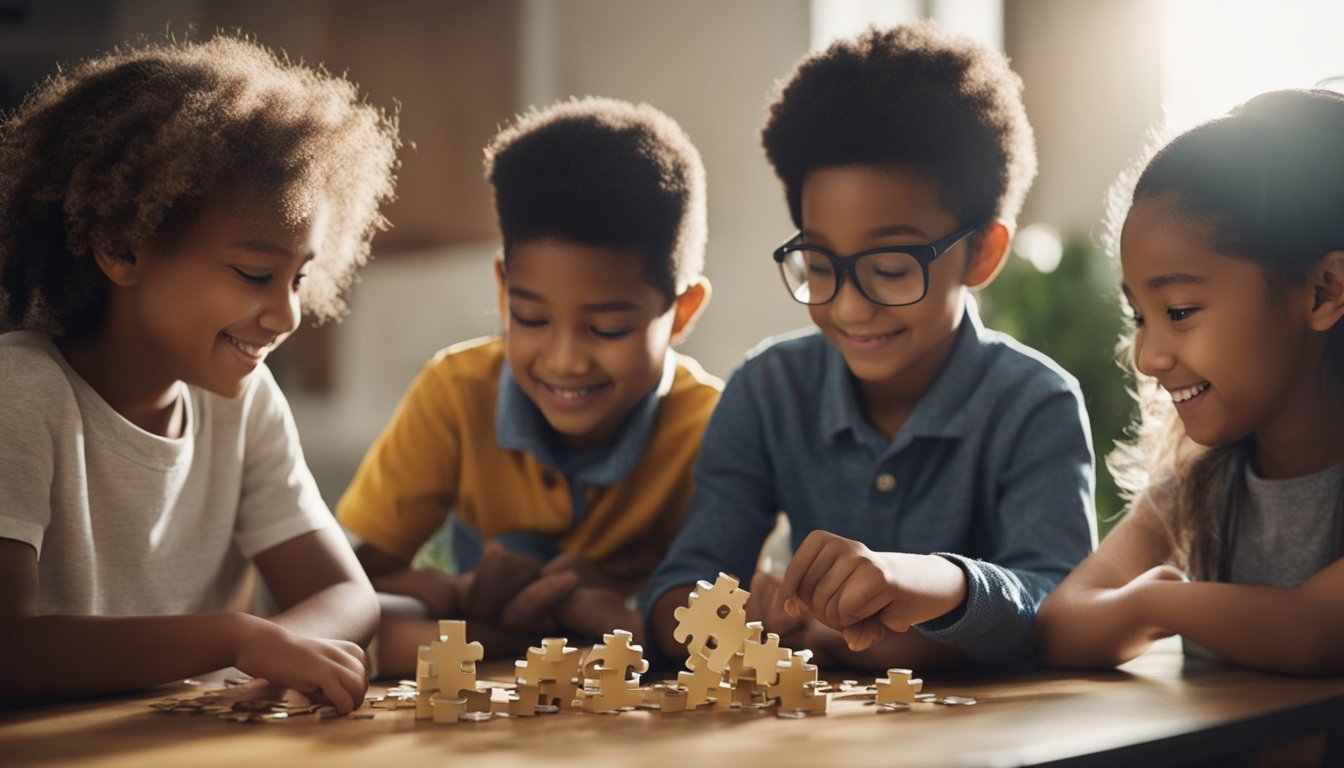 A group of children working together to solve a challenging puzzle, with supportive adults offering encouragement and praise