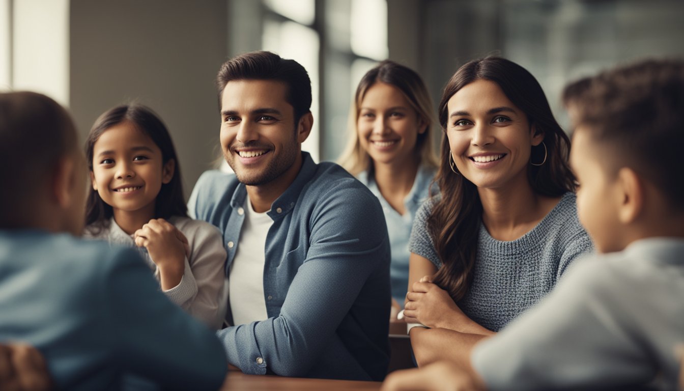 A group of parents and teachers sitting together, discussing school activities and events, while children happily engage in educational and recreational activities