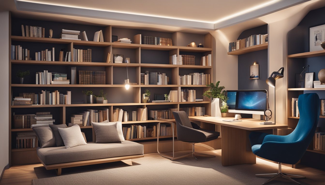 A cozy study nook with a bright desk lamp, organized shelves, and a comfortable chair surrounded by books and educational materials