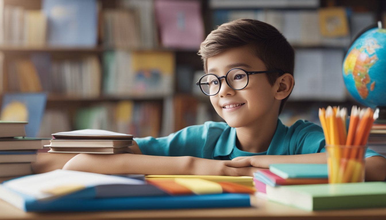 A child sitting at a desk with books and school supplies, surrounded by colorful posters promoting healthy study habits