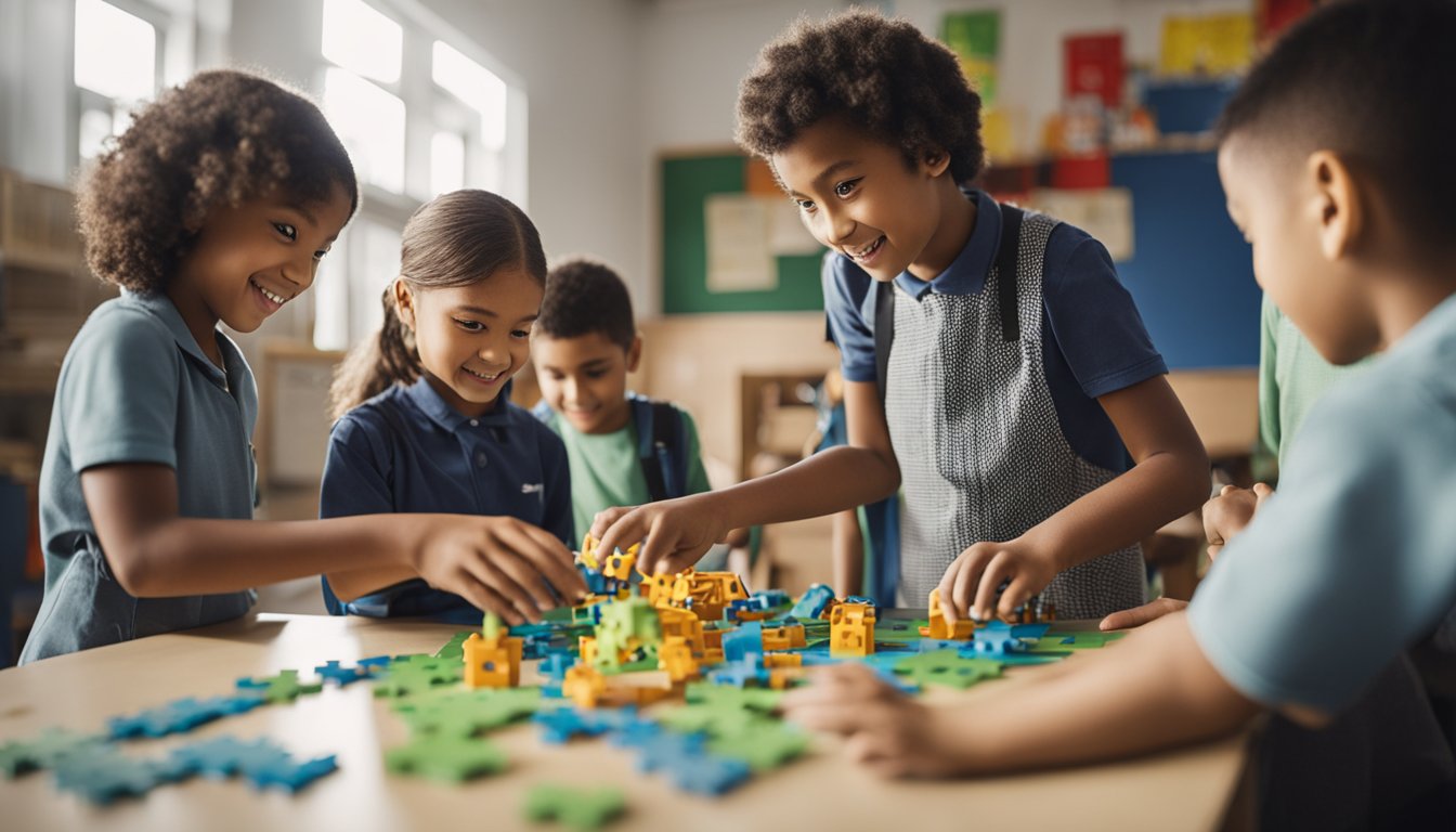 A group of children engaged in hands-on activities, such as puzzles and experiments, while a teacher observes and encourages their critical thinking skills