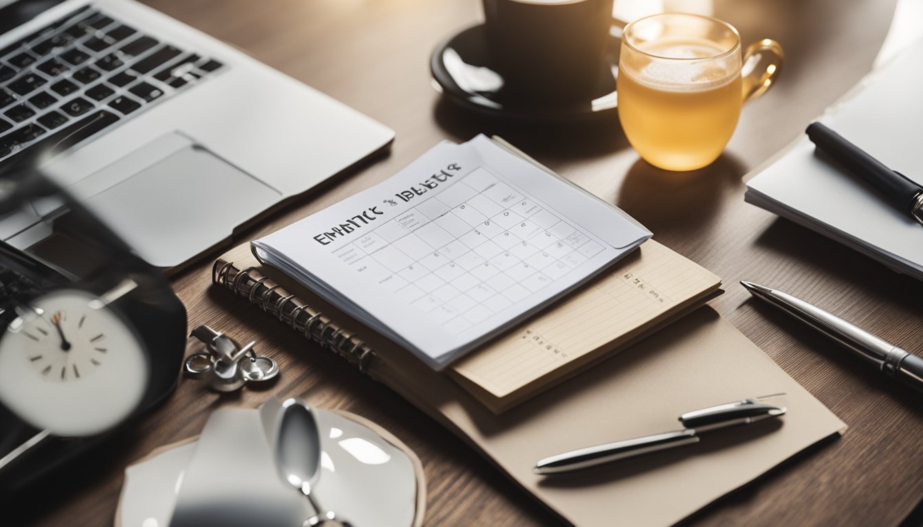 A desk with organized folders, a calendar, and a clock, surrounded by a focused atmosphere with a cup of coffee and a checklist