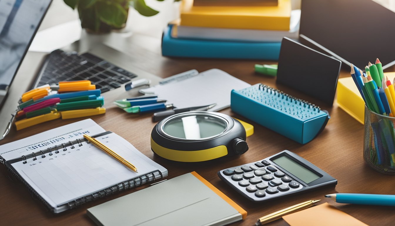 A desk with organized school supplies, a calendar, and a timer for effective homework routines