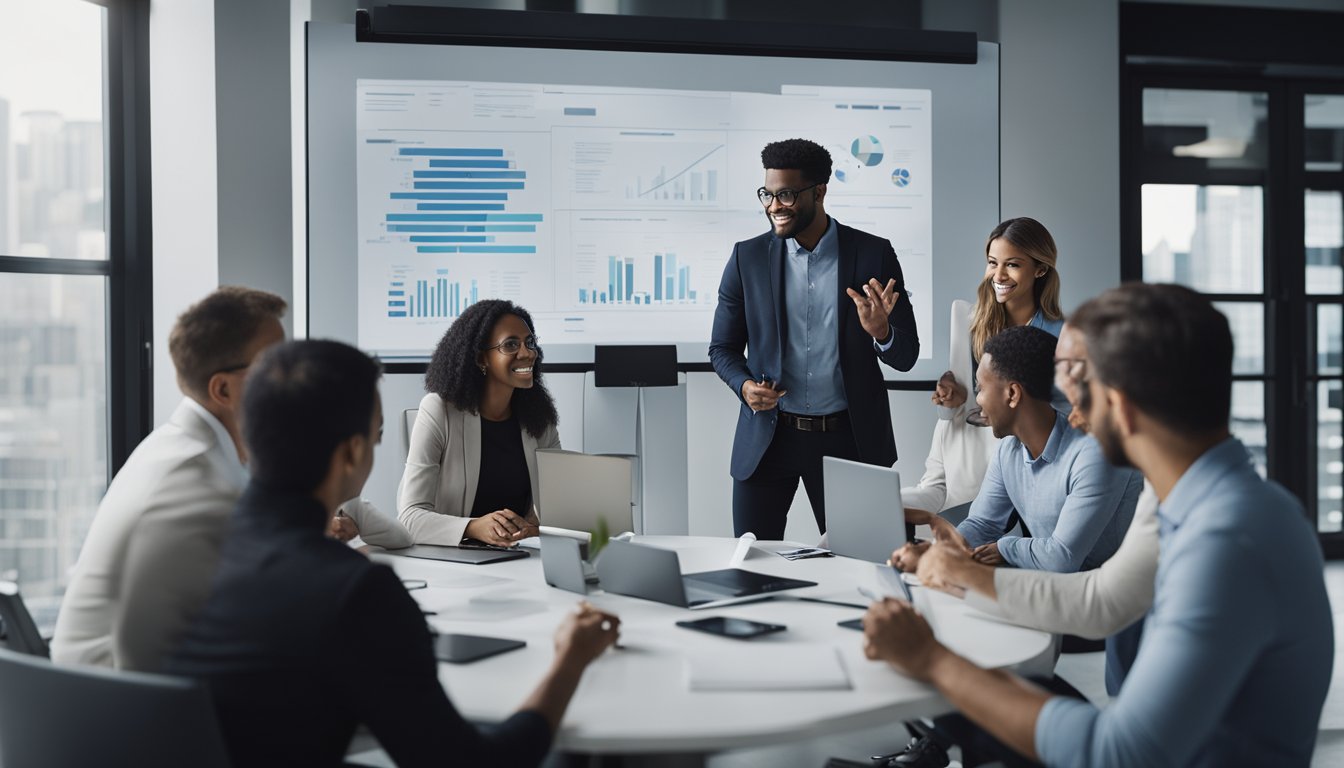 A group of diverse individuals brainstorming around a virtual whiteboard, surrounded by various technological devices and tools