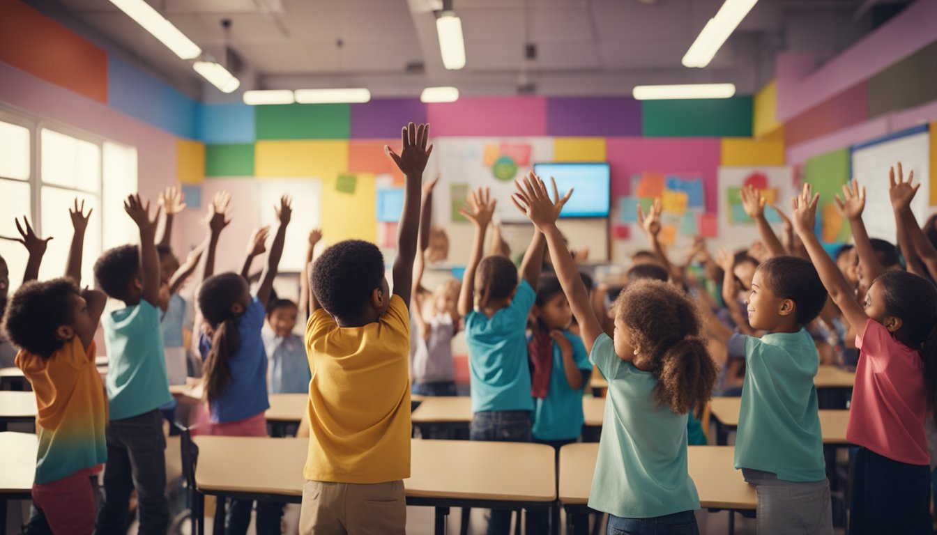 A group of children eagerly raising their hands to ask questions, while a teacher stands in front of a colorful and interactive learning environment