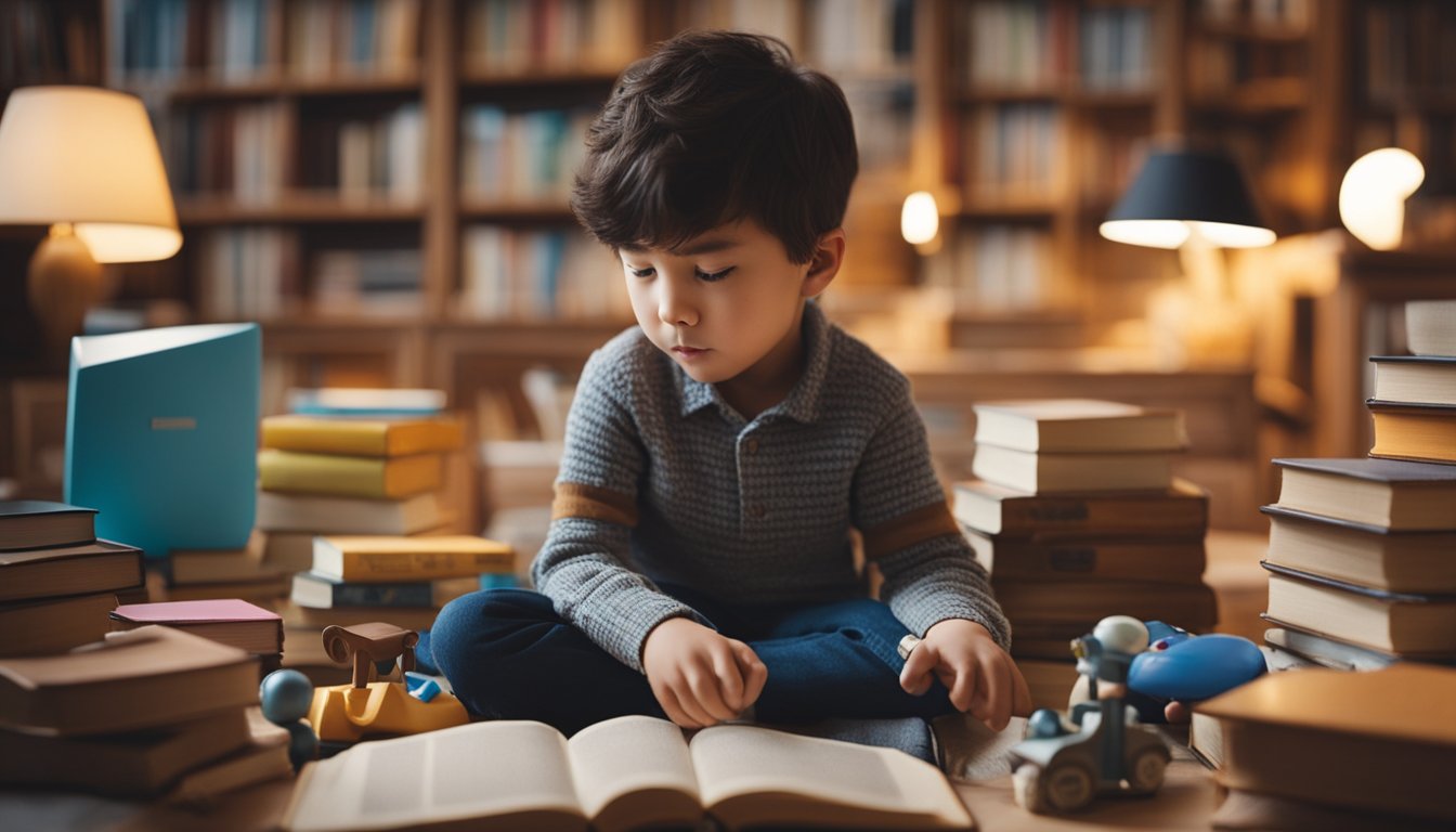 A child surrounded by books, toys, and educational materials, with a curious expression while exploring and learning in a cozy, nurturing environment