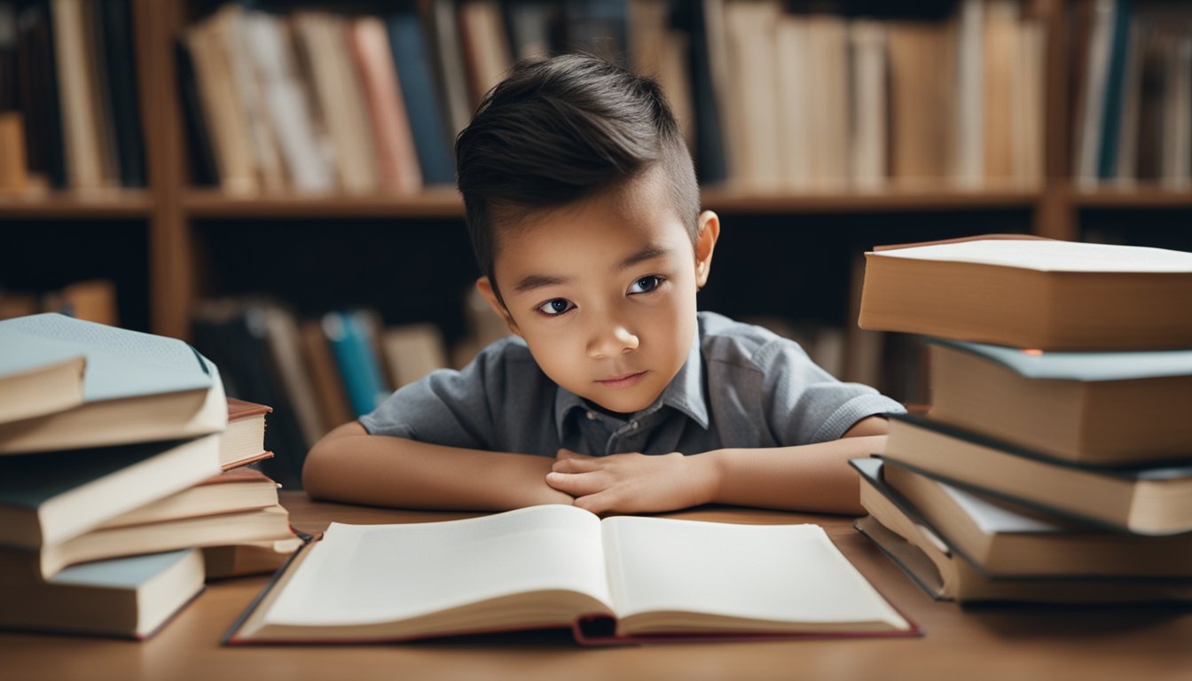 A child sitting at a desk surrounded by books and educational materials, with a curious expression while exploring and learning