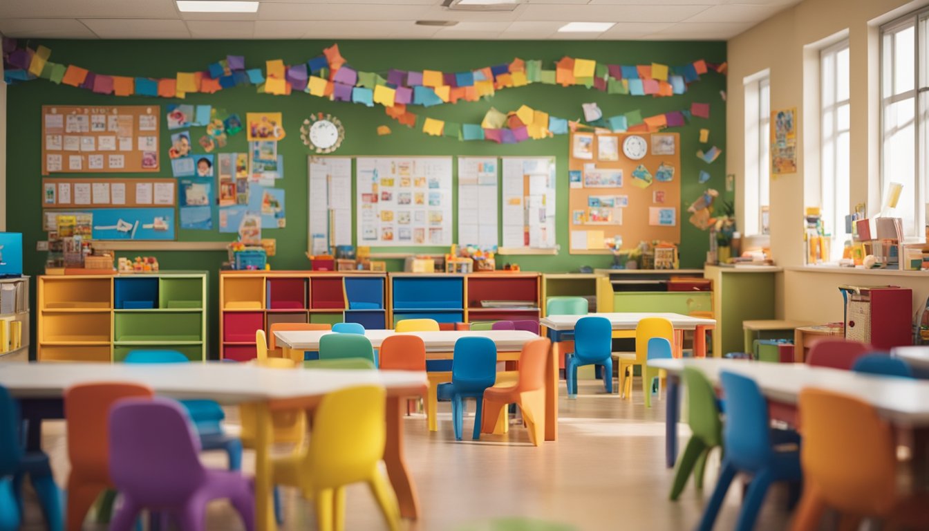 A colorful classroom with child-sized furniture, shelves with educational materials, and children engaged in independent learning activities