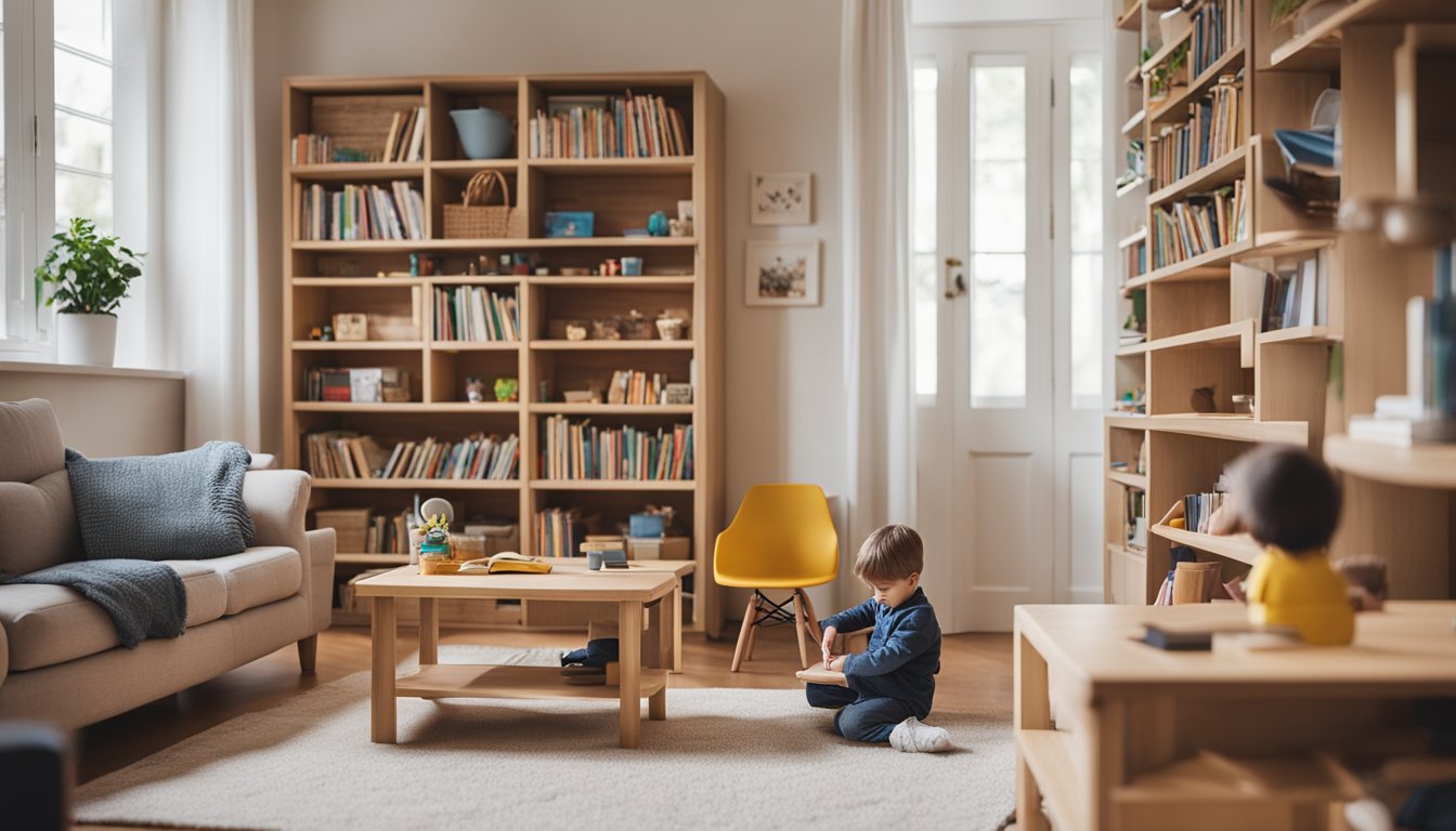 A cozy living room with shelves of Montessori materials, a child-sized table and chairs, and a parent reading a book on Montessori education