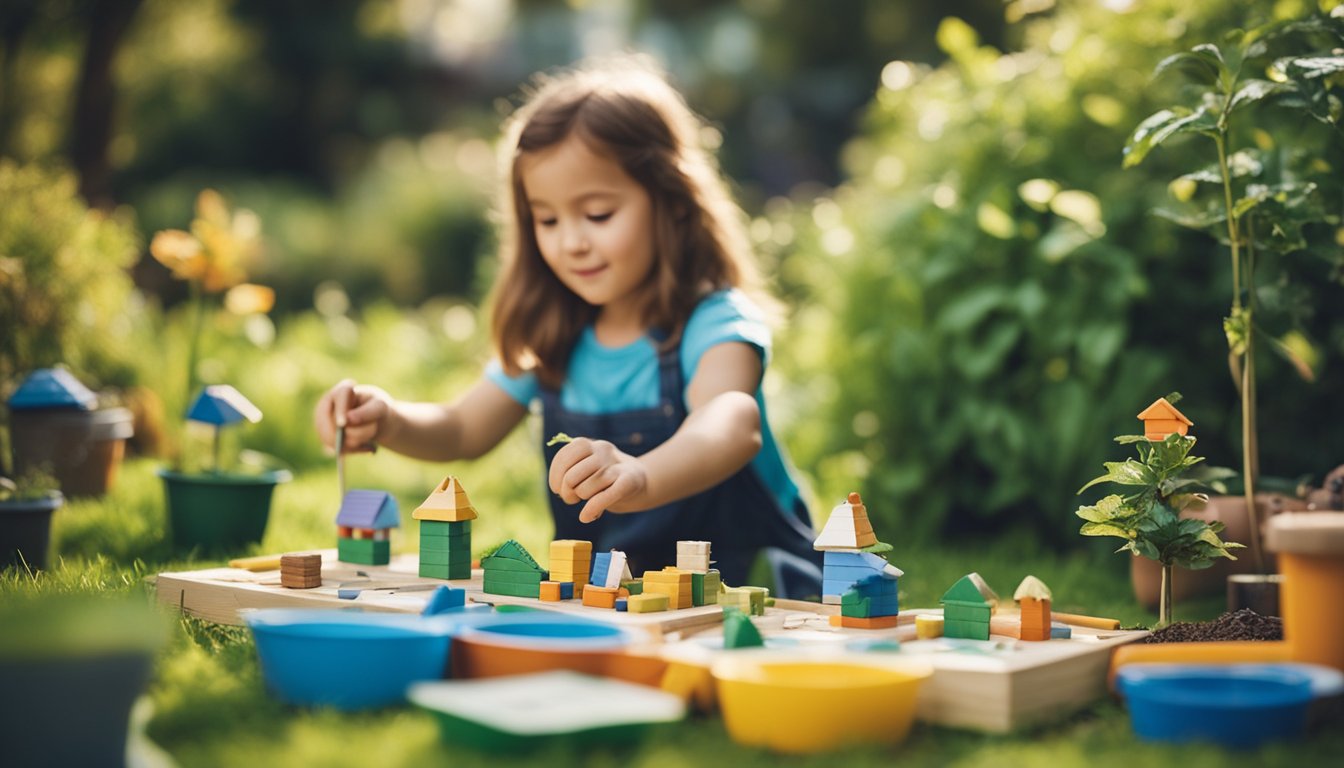 Children painting, drawing, building with blocks, and exploring nature in a backyard garden