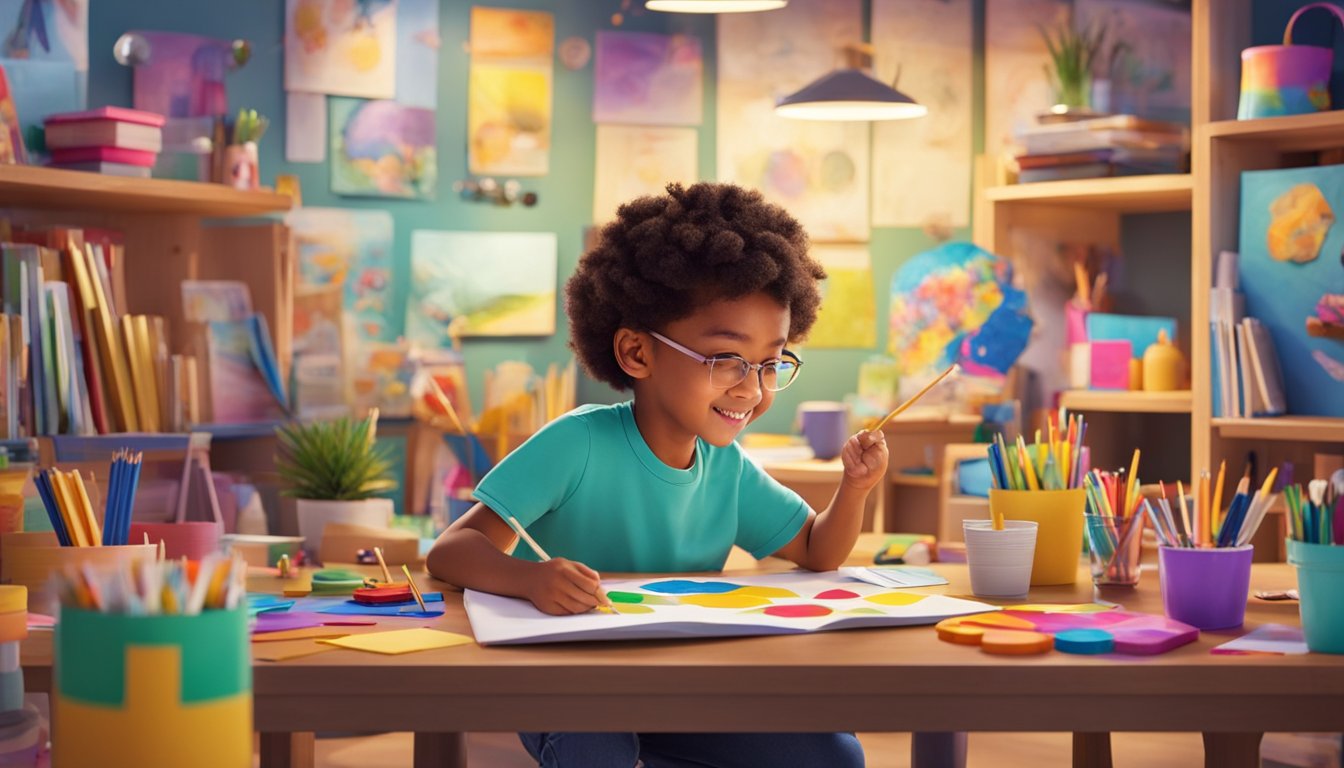 Children painting, drawing, and crafting at a colorful table with various art supplies scattered around. A bookshelf filled with creative activity books and games in the background