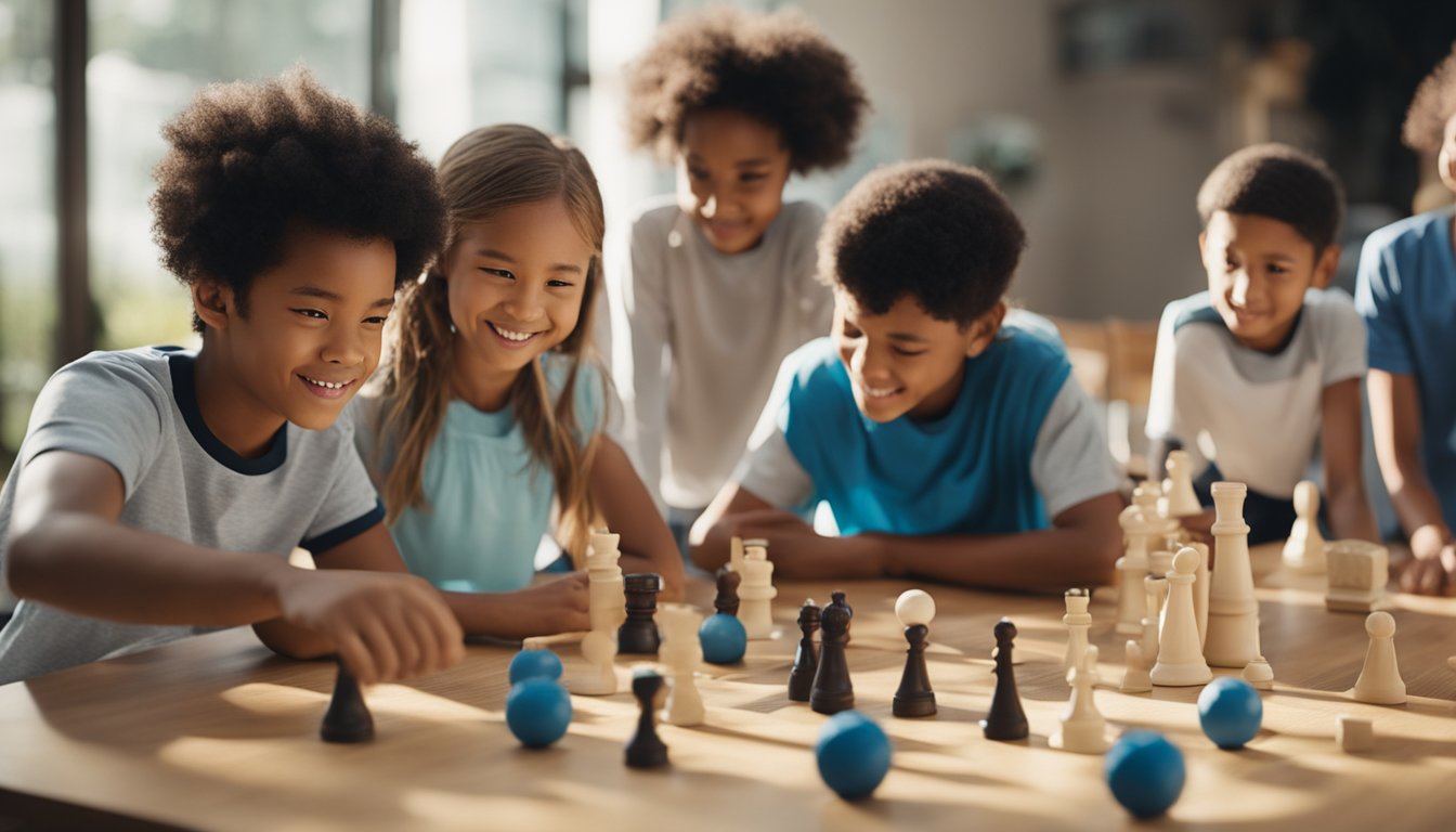 A group of children engaging in various activities such as playing sports, working on art projects, and participating in group discussions, all under the guidance of supportive and nurturing adults