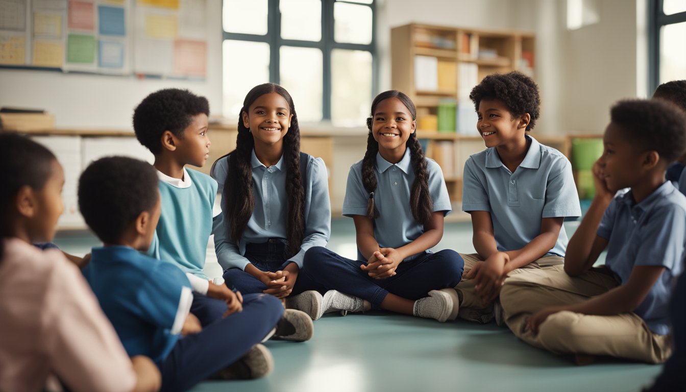 A group of school-age children sitting in a circle, engaged in a discussion with a teacher or counselor. The children are listening intently and sharing their thoughts and feelings