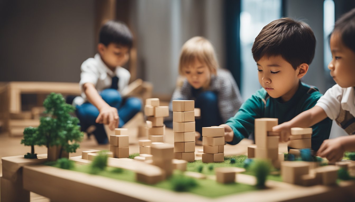 Children engaged in various play-based learning activities, such as building with blocks, exploring nature, and participating in imaginative role-playing