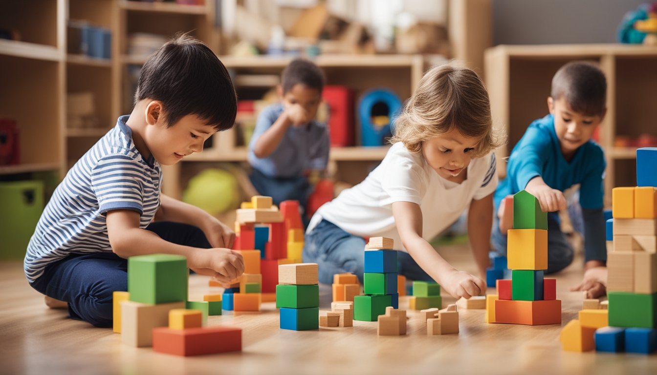 Children engaged in various play-based learning activities, such as building with blocks, exploring sensory materials, and engaging in dramatic play