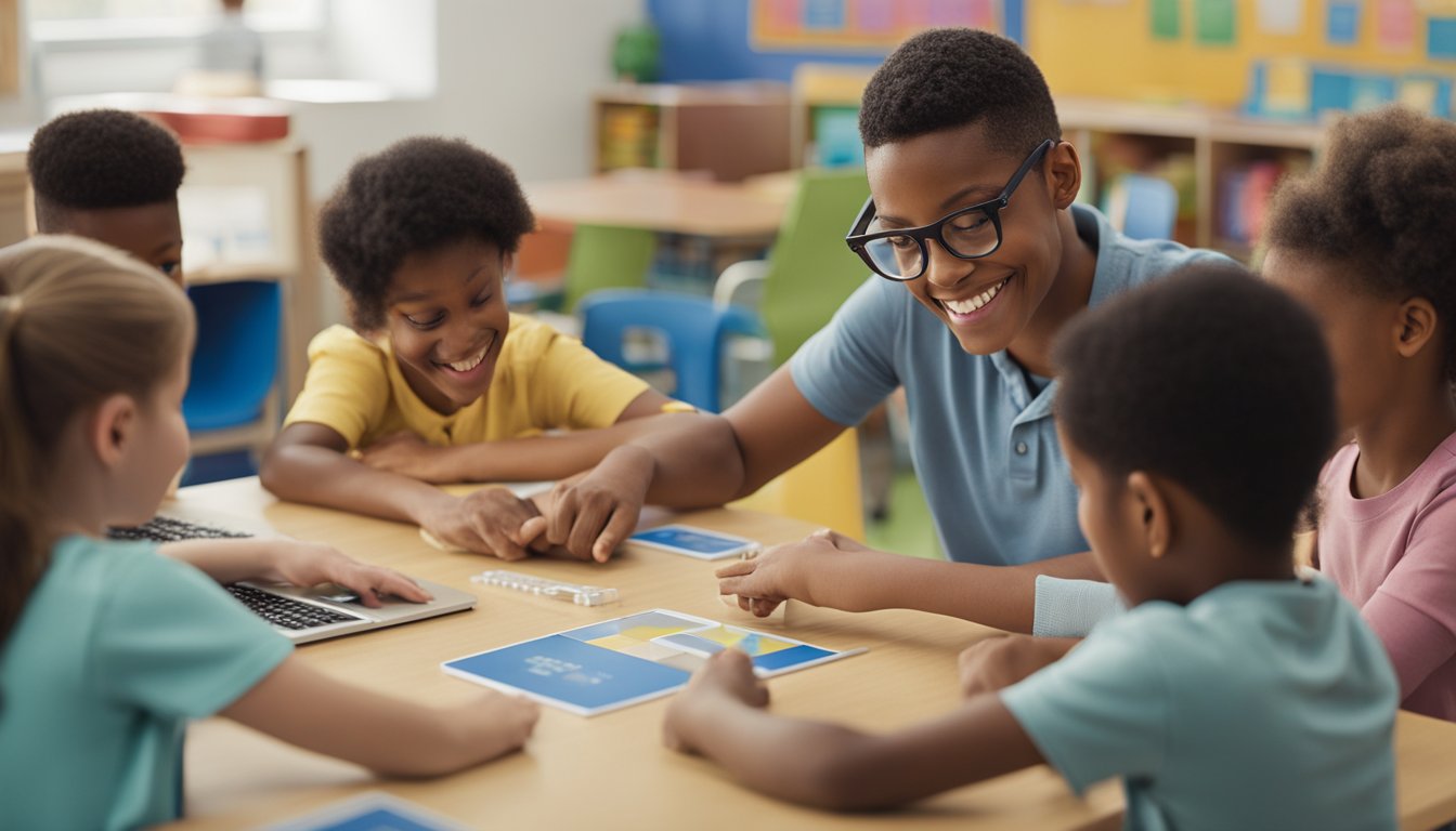 A teacher uses multi-sensory activities to engage dyslexic students in learning. Visual aids, manipulatives, and interactive technology are incorporated into the lesson