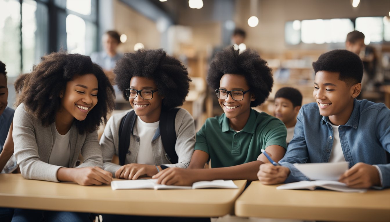 A group of diverse students engage in various learning activities, including reading, writing, and using assistive technology to support dyslexic learners