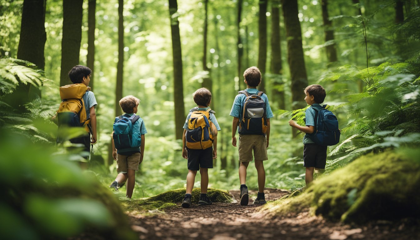 A group of children exploring a lush forest with a guide, observing wildlife and engaging in hands-on learning activities