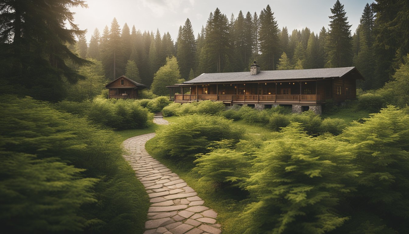 A serene forest setting with a winding path, tall trees, a small clearing, and a cozy, rustic school building nestled among the greenery