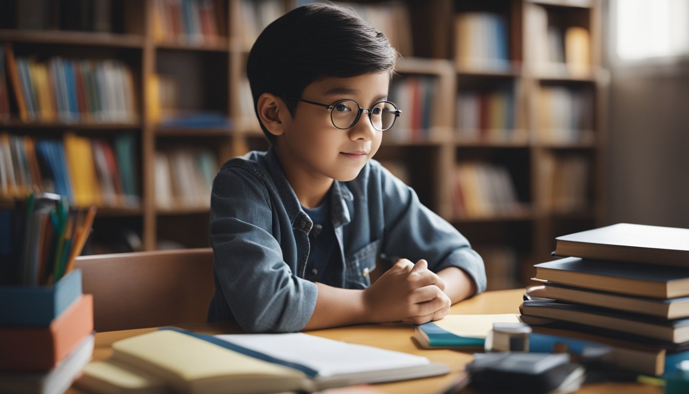 A child sitting at a desk, surrounded by books and school supplies, working on a project independently