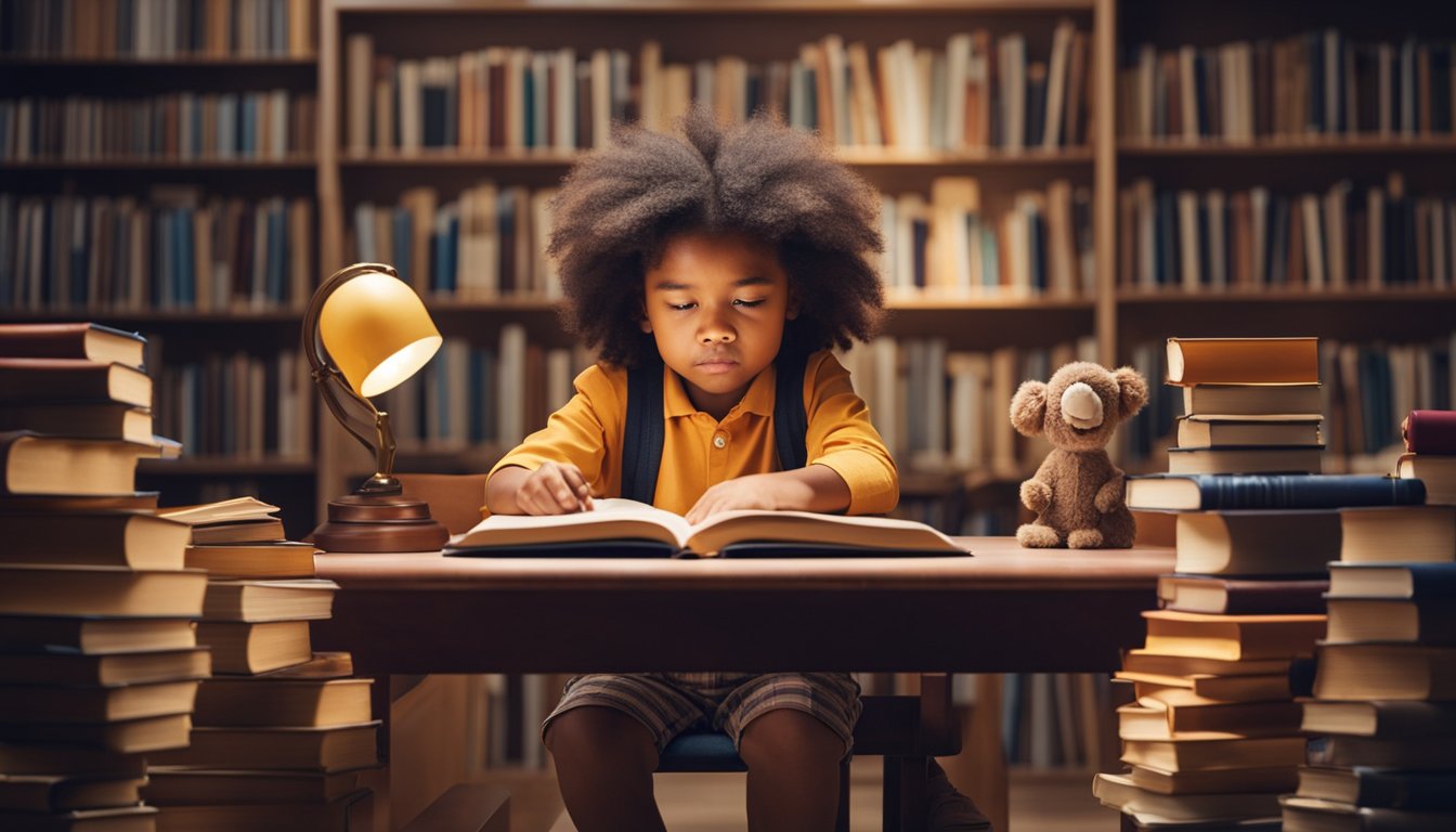 A child sitting at a desk, surrounded by books and educational materials, with a curious expression while exploring and learning independently