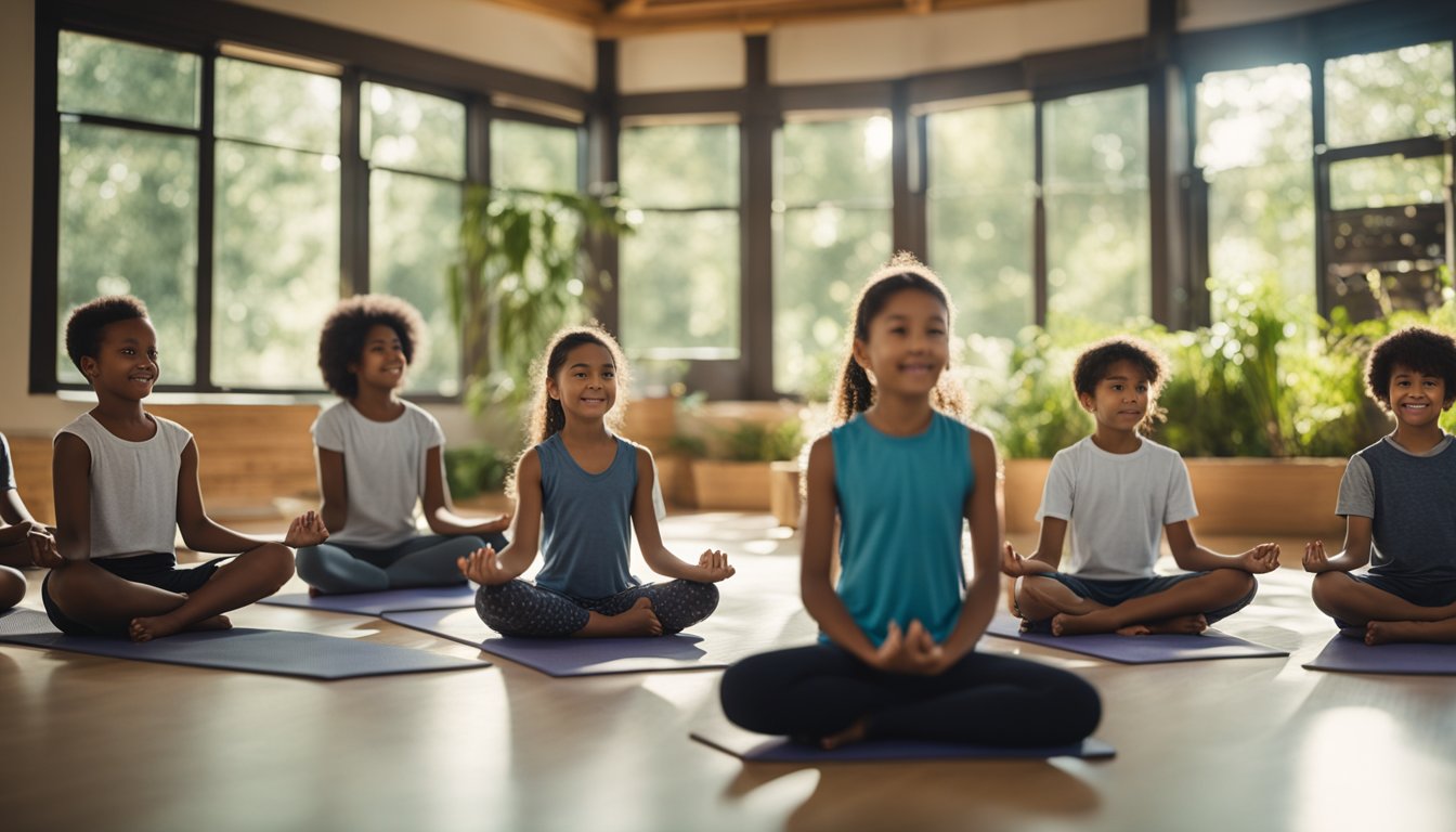 A serene classroom with cozy reading nooks, soft lighting, and nature-inspired decor. A group of children engaged in mindful activities like yoga and meditation