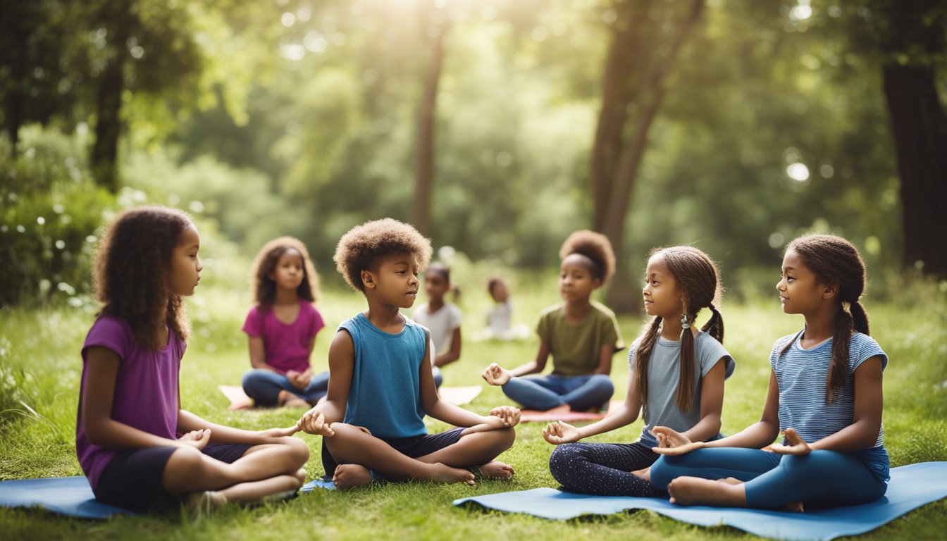 A group of children engaged in various mindful learning activities, such as meditation, yoga, and nature exploration, in a peaceful and nurturing environment