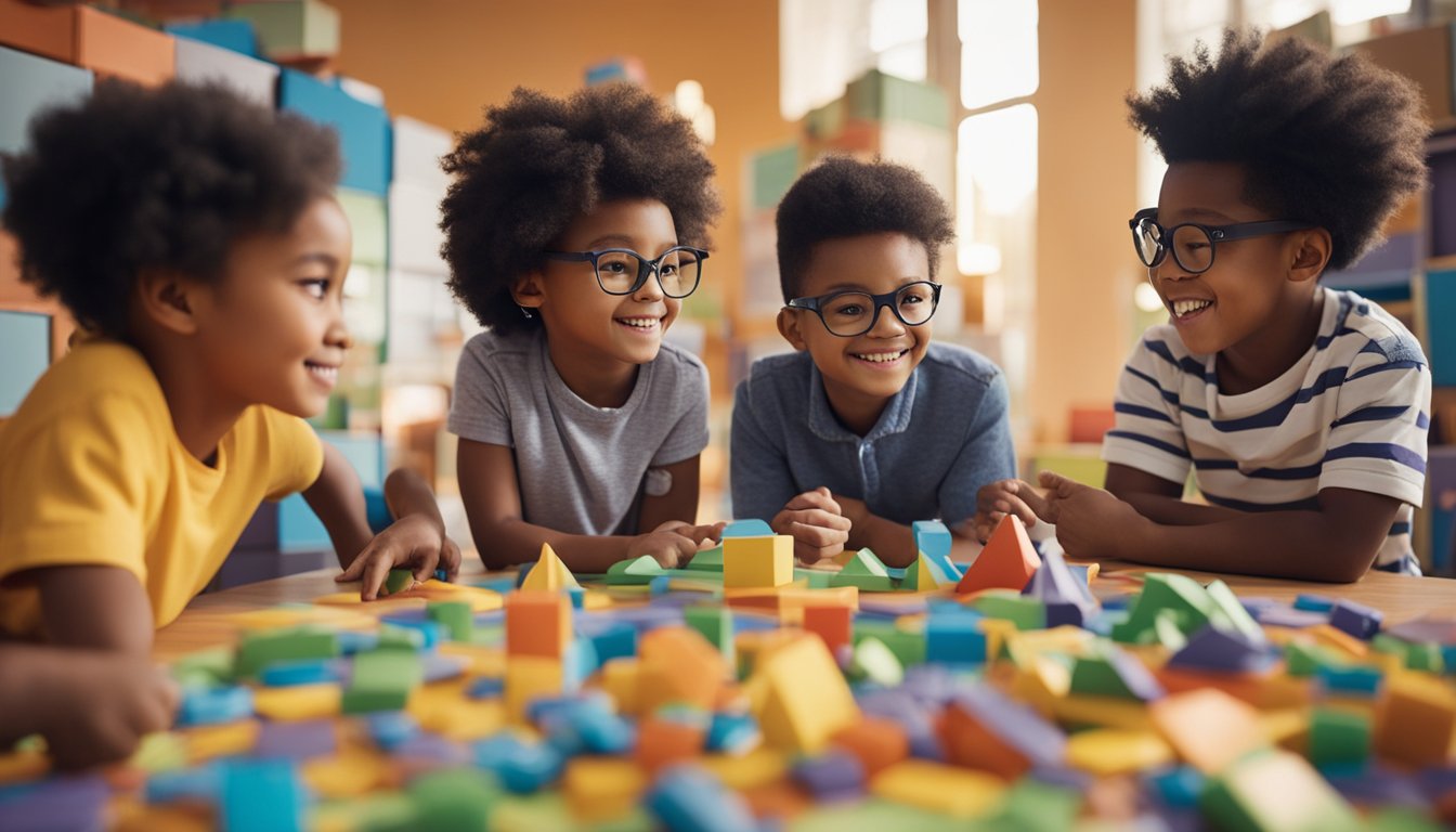 A group of diverse children eagerly explore a colorful, interactive learning environment filled with books, puzzles, and educational toys