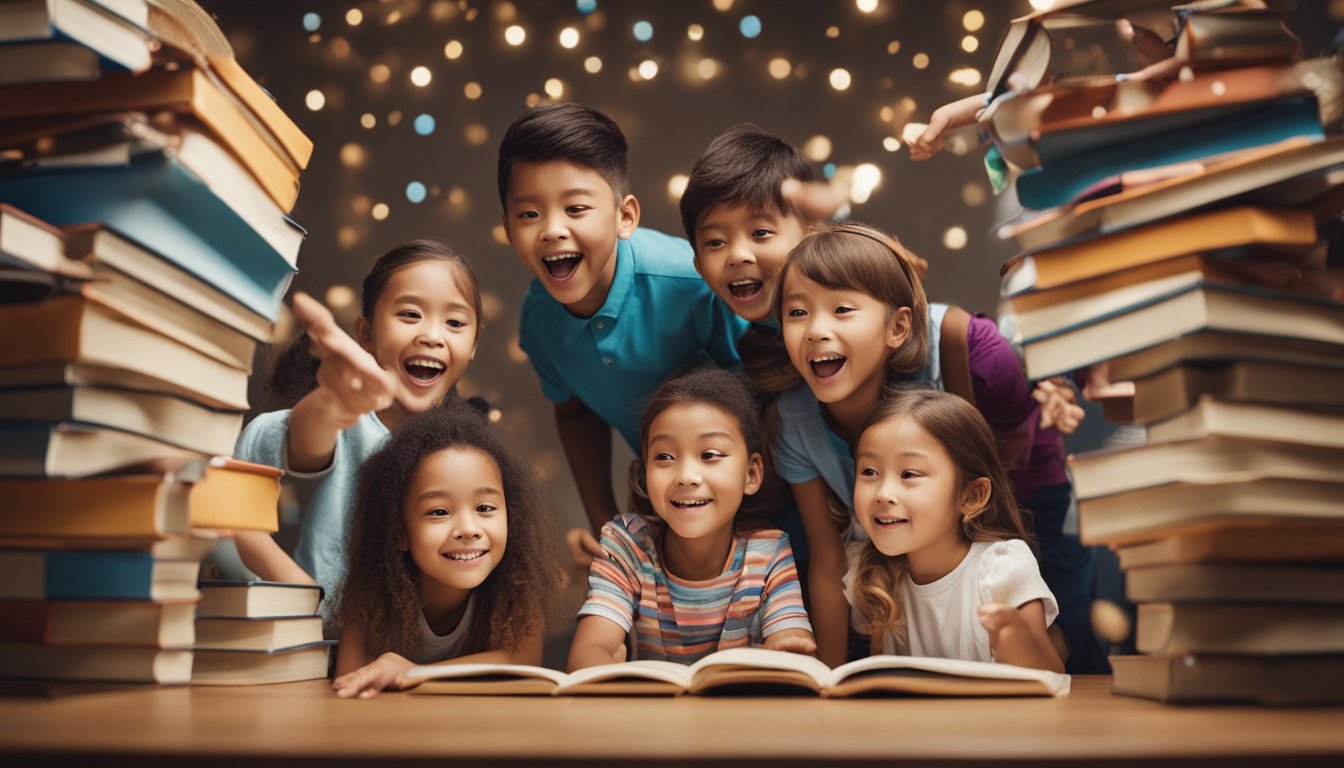 A group of children surrounded by colorful books, asking questions and pointing at various objects, while an adult encourages their curiosity