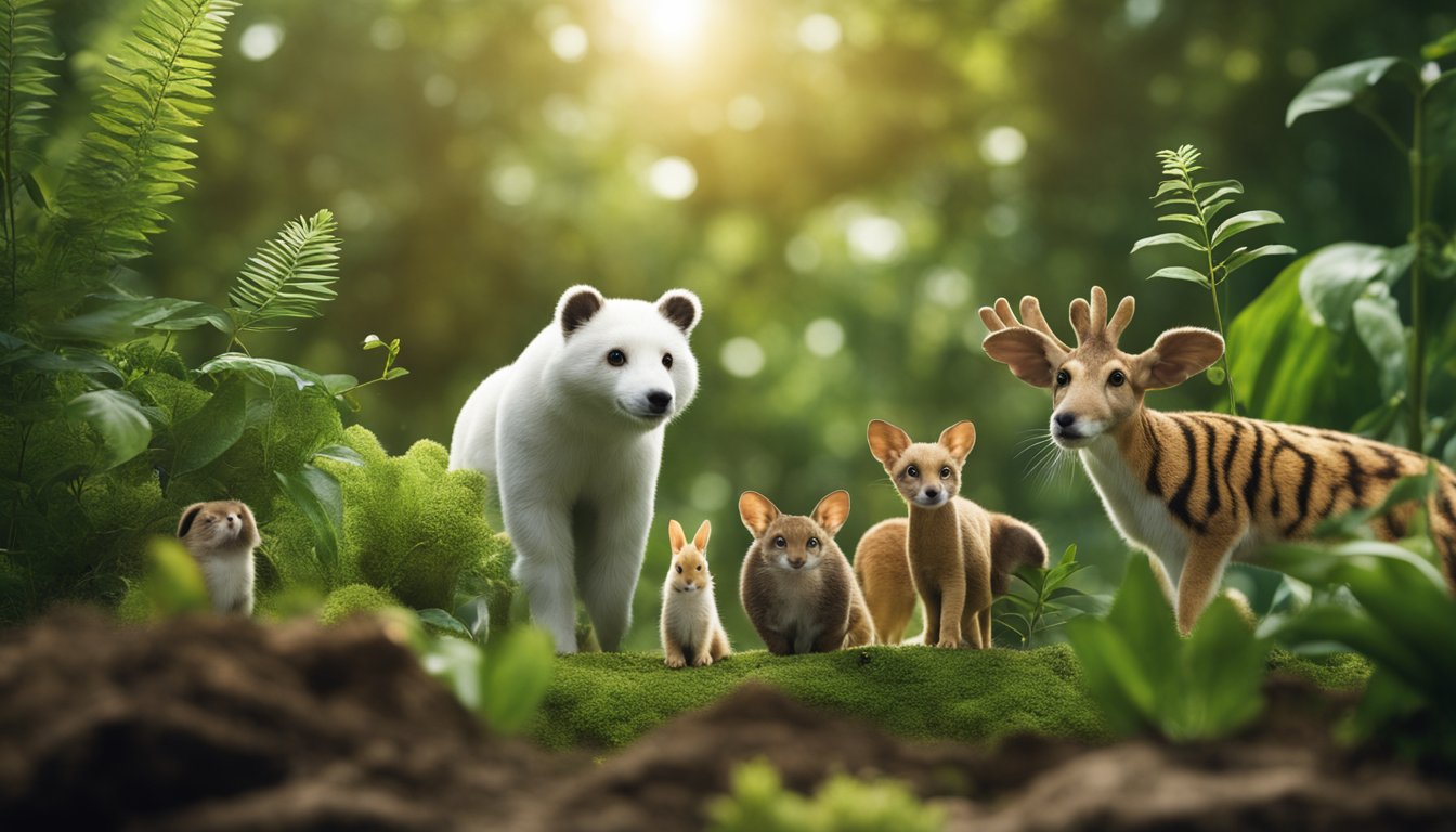 A group of diverse plants and animals thriving in a lush, interconnected environment, symbolizing the supportive ecosystem needed to encourage children's resilience