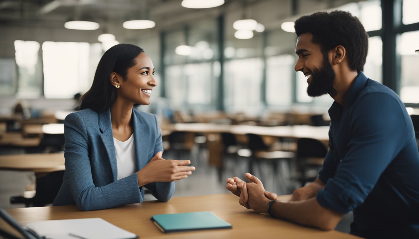 A teacher and student facing each other, engaged in conversation with open body language