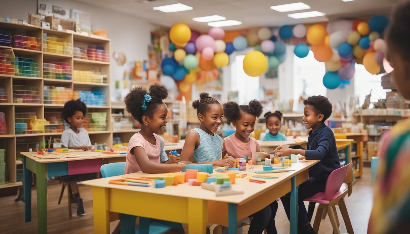 Children engaged in various art and craft activities at a table filled with colorful supplies and materials, surrounded by their finished creations displayed on the walls and shelves