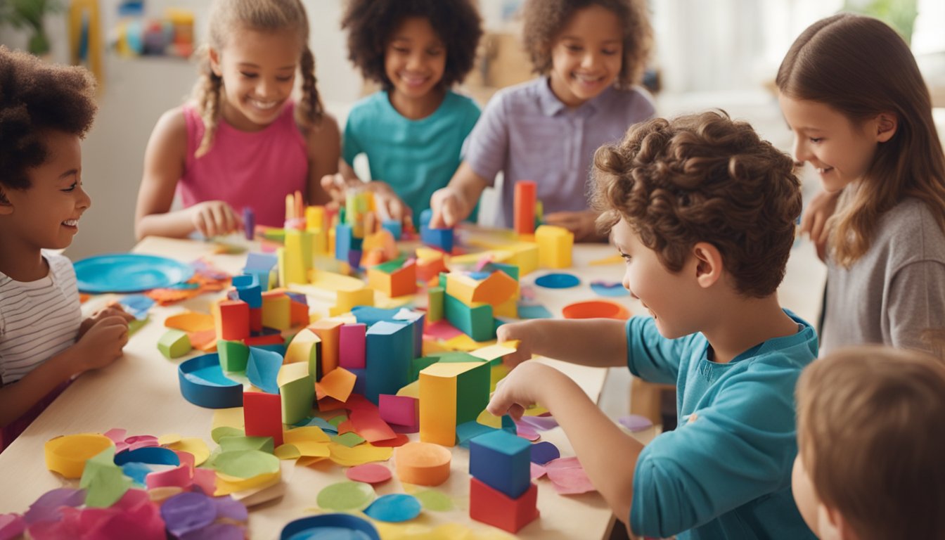 Children gathered around a table, enthusiastically creating colorful art and craft projects at home. Materials such as paint, paper, glue, and scissors are spread out, and the room is filled with laughter and creativity