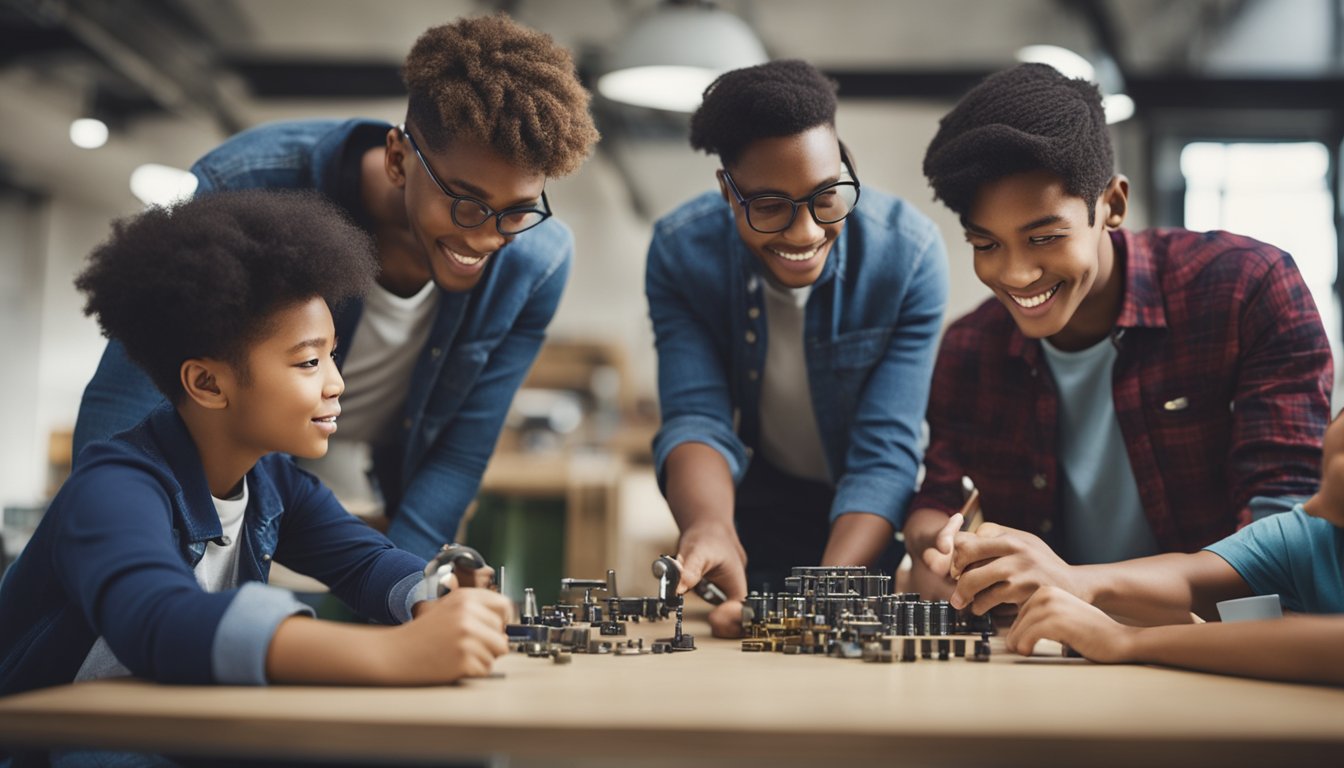 A group of young learners working together to solve a practical problem, using tools and resources to enhance their problem-solving skills