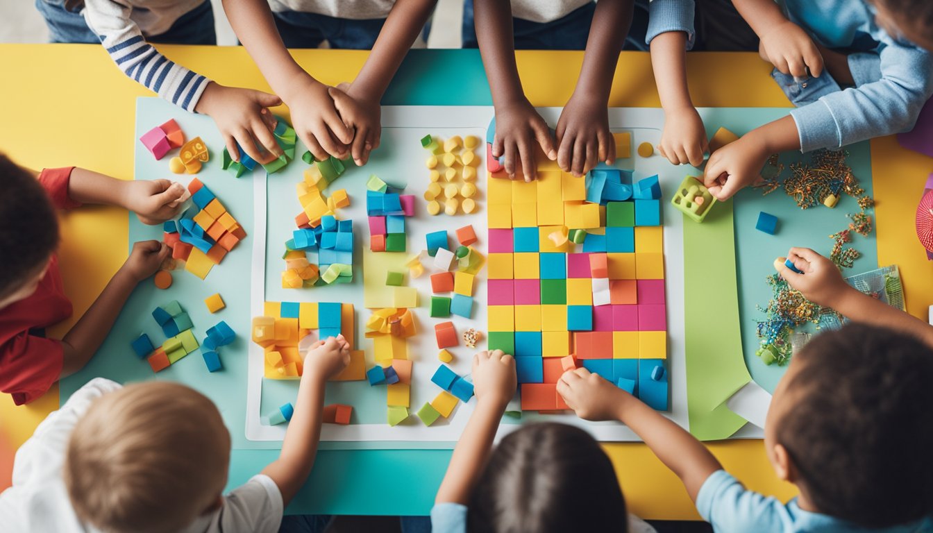 A group of children gather around a colorful display of problem-solving activities, eagerly engaging with hands-on learning materials