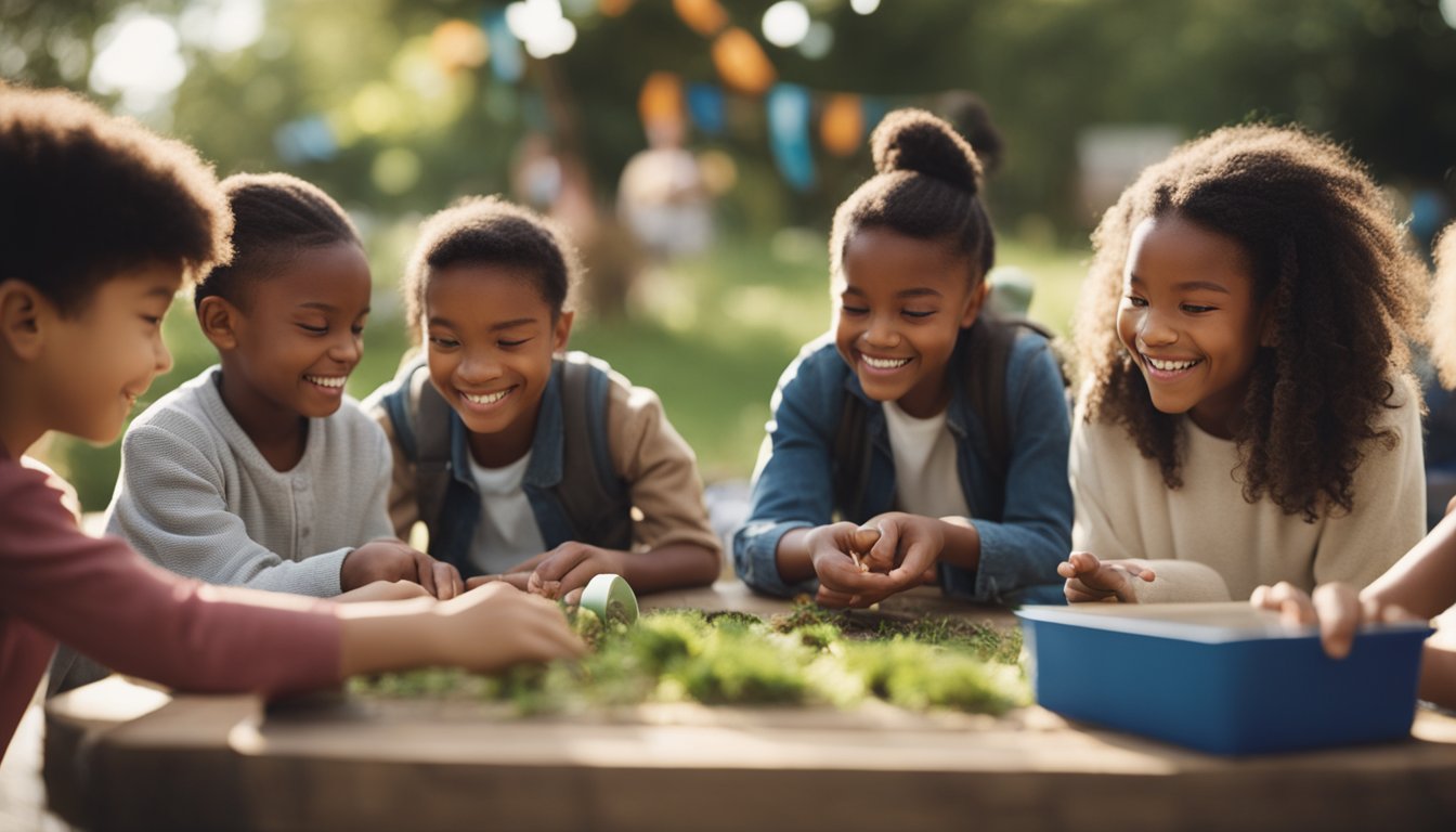 A diverse group of children and adults engage in hands-on learning activities outdoors, surrounded by sustainable and eco-friendly educational materials and resources