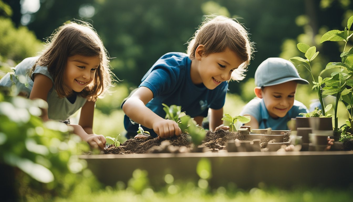 Children engaged in various outdoor activities: building a fort, planting a garden, exploring nature, and creating art with natural materials