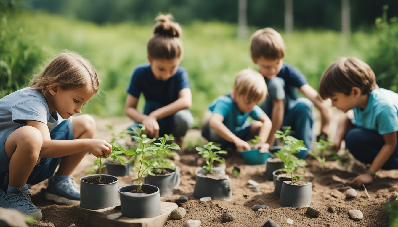 Children engaged in various outdoor activities: planting seeds, painting rocks, building forts, and exploring nature