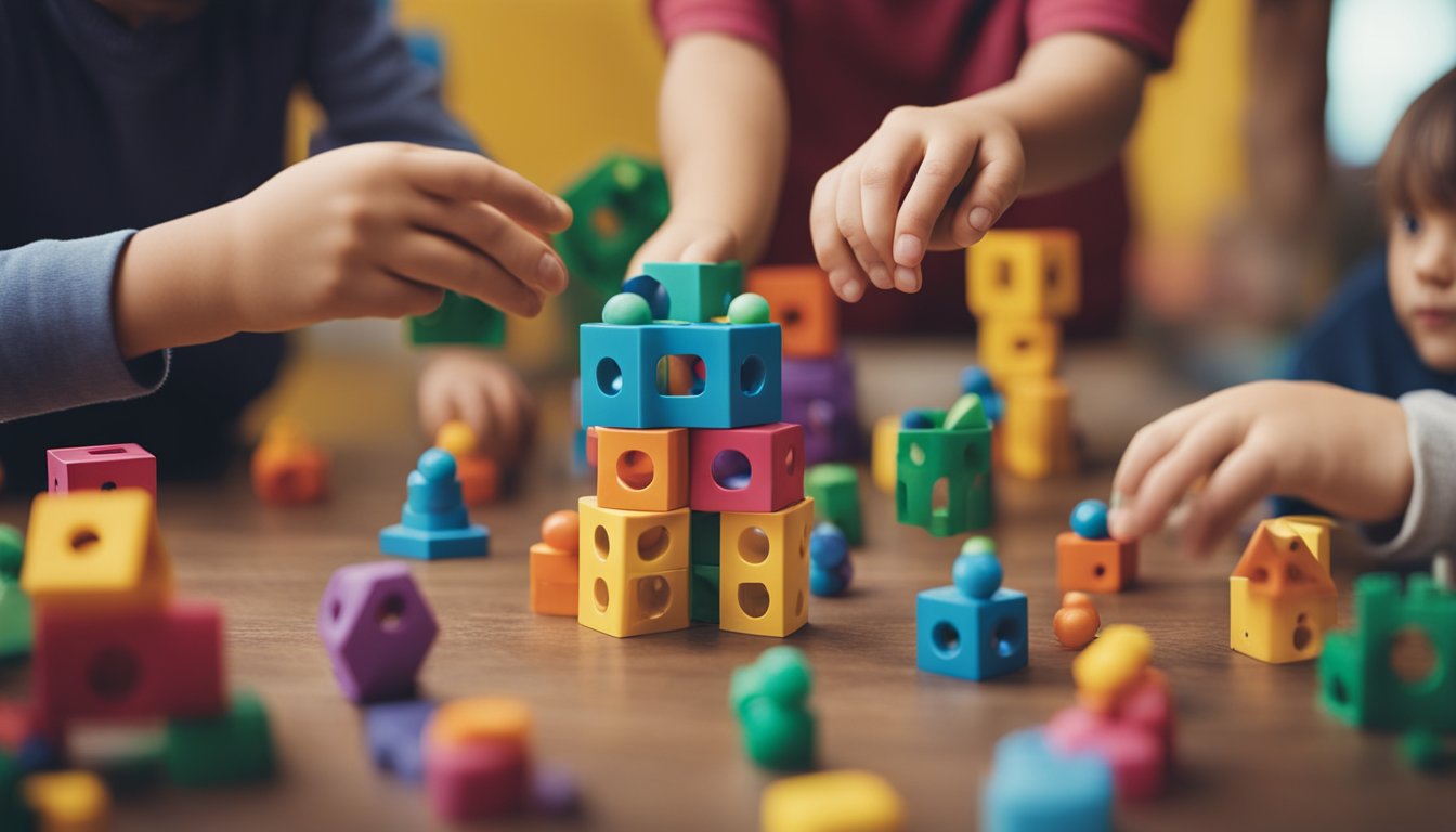 A group of children engaged in hands-on activities, exploring and learning through play in a colorful and stimulating environment