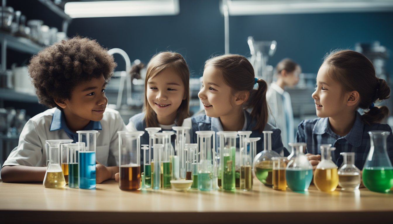 A group of children gather around a table filled with beakers, test tubes, and various scientific equipment. They are eagerly conducting experiments and making observations, with a sense of curiosity and excitement evident in their expressions