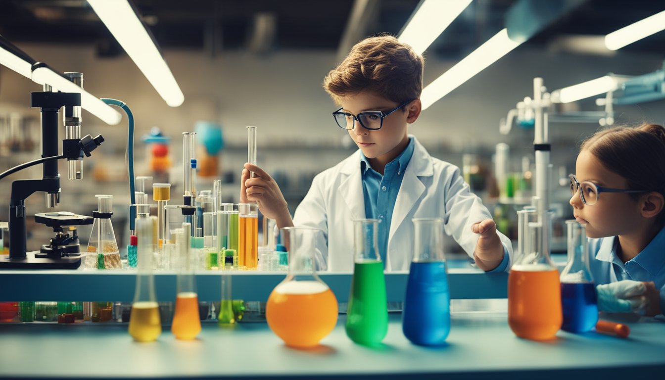 Children conducting science experiments in a colorful, well-lit laboratory filled with beakers, test tubes, and various scientific equipment