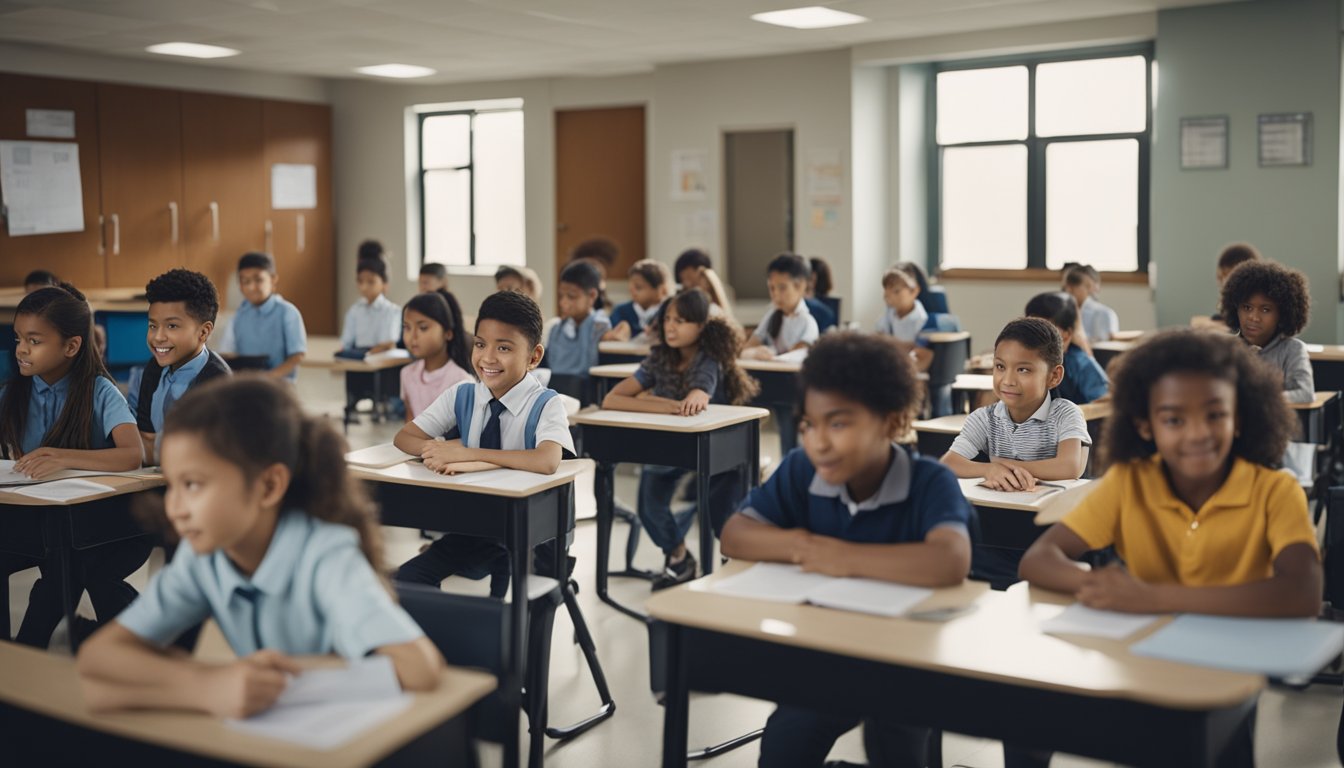 A classroom with students of various ages engaged in different learning activities, with a teacher at the front of the room leading a lesson