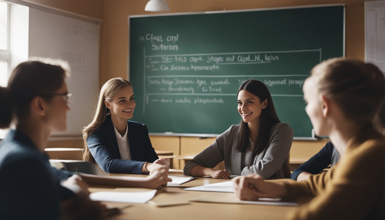 A classroom setting with a chalkboard displaying the UK Key Stage Education System, while students and a teacher engage in discussion