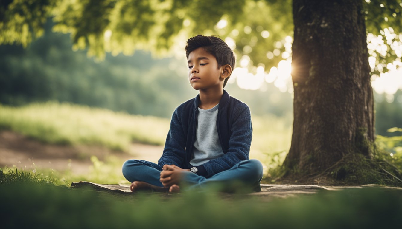 A peaceful child sitting cross-legged, surrounded by nature, with eyes closed and a serene expression, practicing mindfulness