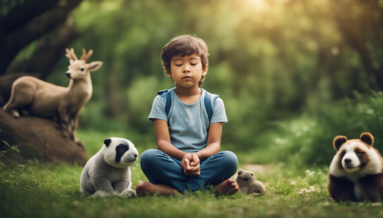 A child sitting cross-legged, eyes closed, surrounded by nature and animals, practicing mindfulness techniques