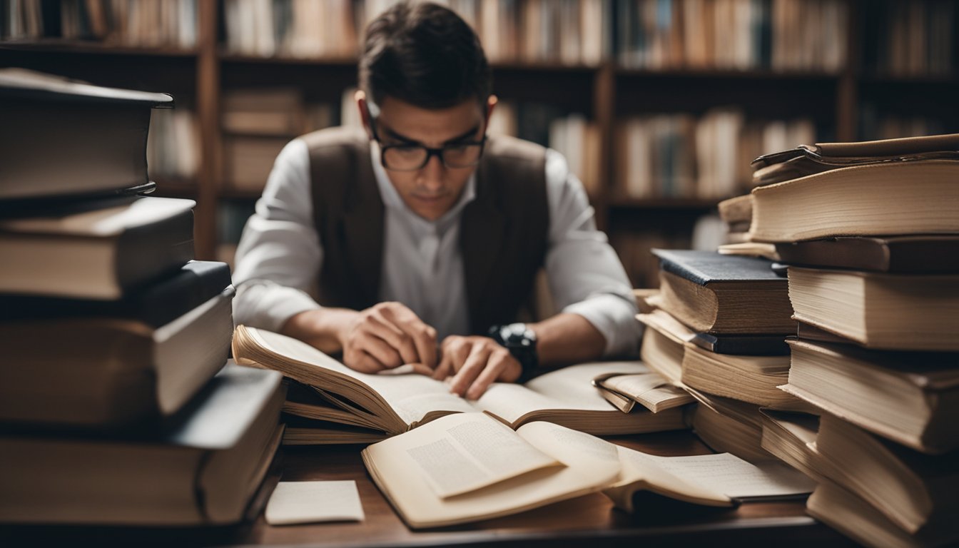 A person examining everyday objects with a critical eye, surrounded by books and papers