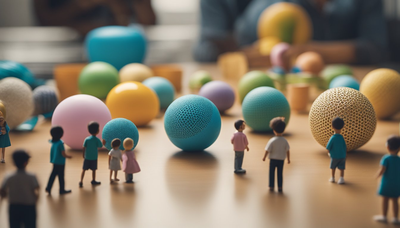 A group of diverse everyday objects arranged in a thought-provoking manner, surrounded by children engaging in various activities