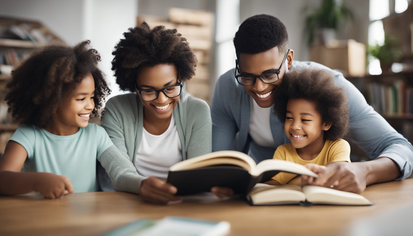 A group of diverse parents engage in activities with their children, such as reading, playing, and teaching, to support their development and well-being